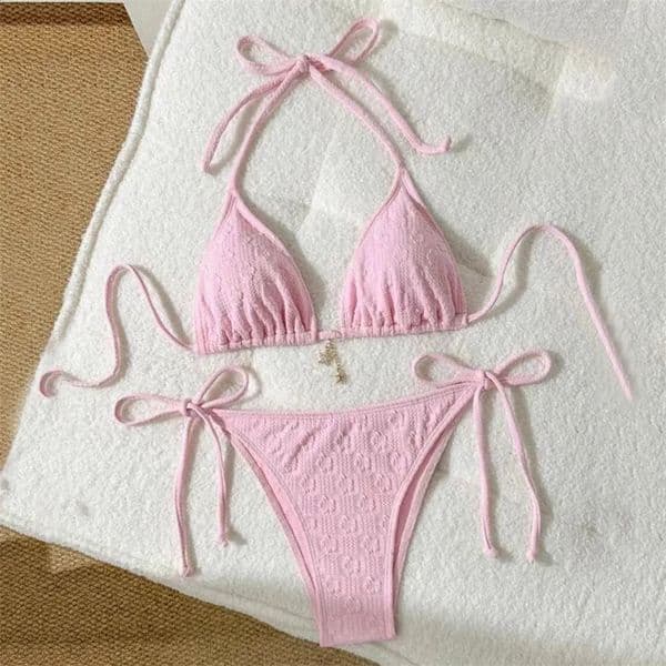 Pink Flower Emboss Solid Swimwears Halter String Triangle Bikini Micro Thong Sexy Swimsuit Women 2026 Bathing Suit Bikinis Sets 260516