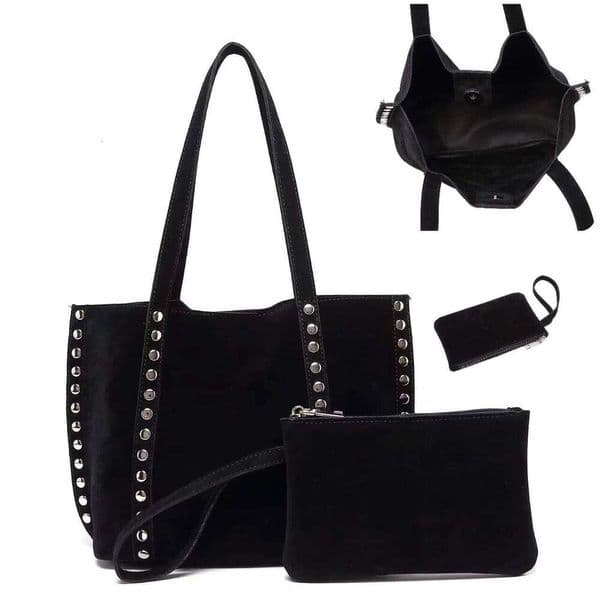 Black Suede Polka Dot Composite Bags Ladies Tote with Metal Rivets Single oulder for op Large Capaci Sub-Mother Bag