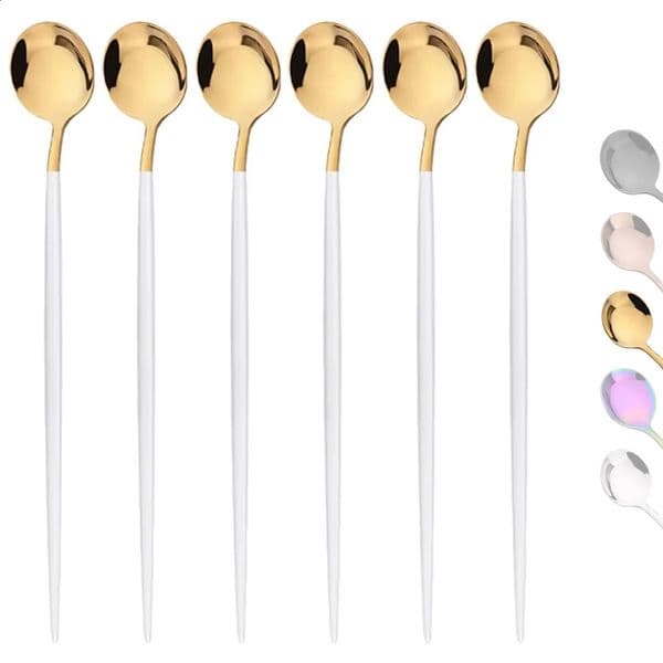 6Pcs Coffee Stirring Spoon Flatware Cutlery Set Juice White Gold Tea Spoons Dinnerware Ice Cream Long Handle Scoop Kitchen Tools 260516
