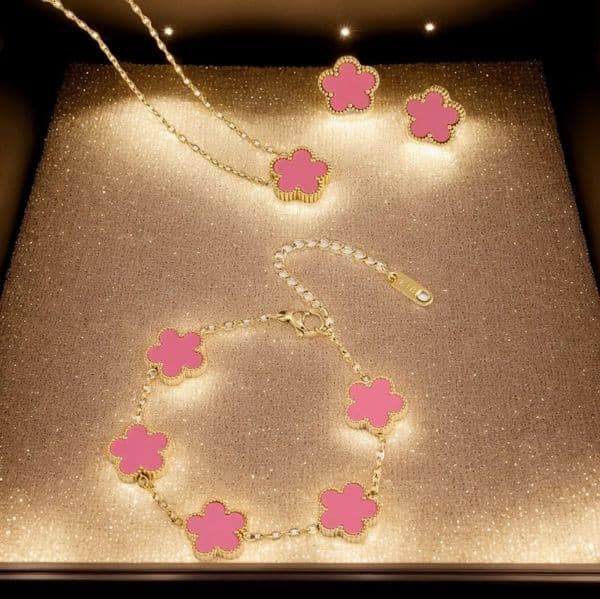 18k Gold Plated Stainless Steel Lucky Five Leaf Flower Clover Necklace Bracelet Earrings For Women Adjustable Jewelry Set Gift260512