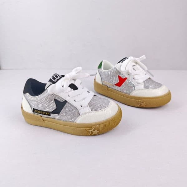 Girls Glitter Sequined Fashion Low Top Sneakers Baby Toddler Kid Star Tennis Lace-Up Genuine Leather Walking Shoes for Children AAA100458