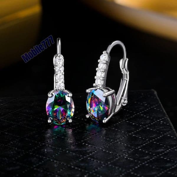 Women Rainbow Gem Water Drop Dangle Moissanite Earrings Sparkling Colorful Stone Huggie Earrings Light Luxury Trendy Statement Jewelry For Daily Party Wedding