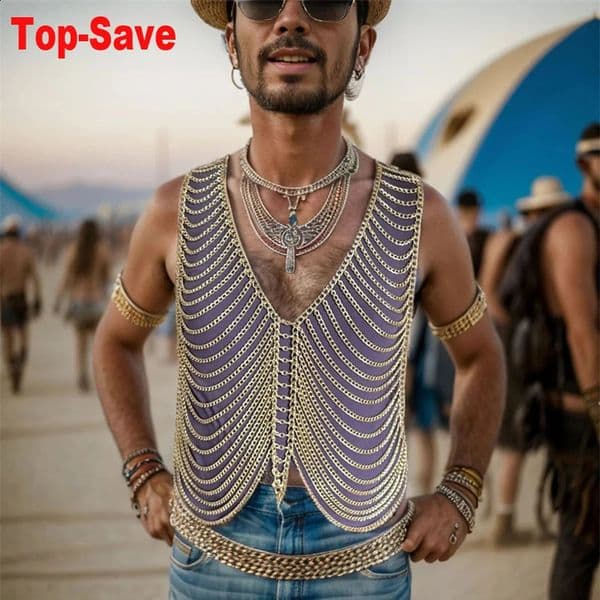 Punk Style Tank Top Men Clothing Multi-Layer Metal Tassel Body Chain Sleeveless Gold Silver Vest Man Crop Tops Wholesale Price C 260516