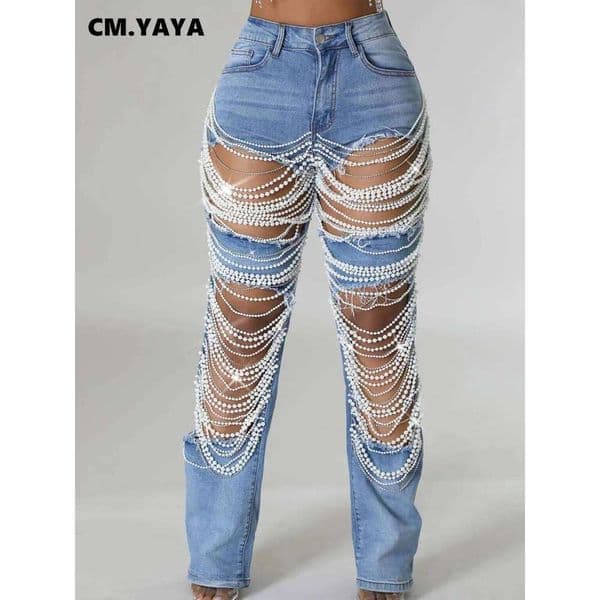 CM YAYA Women Fashion Pearl Beading Ripped Hollow Out Tassel Wide Leg Jeans New Summer INS Street Denim Pants Trousers