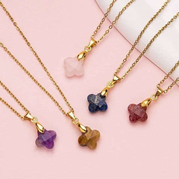 1pc Natural Stone Faceted Four-leaf Clover Pendant Charm Necklaces for Women Jewelry Gift