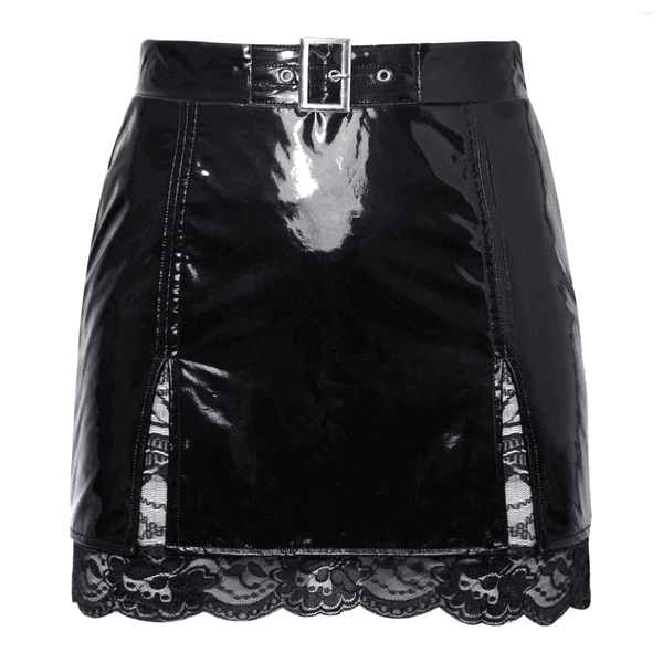 Skirts Women Glossy PU Leather Sheer Lace Bodycon Miniskirt High Waist Split Hem Wet Look Skirt For Nightclub Rave Party Music Festival