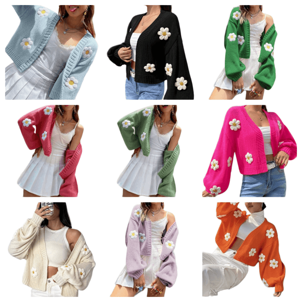 Autumn and winter new sweet three-dimensional flower sweater jacket women's loose short knitted cardigan