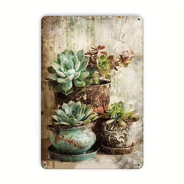 Vintage World Metal Tin Sign 20.32x30.48 cm - Durable Iron Wall Art with Rustic Succulent Plant Design, Teal & Brow 26Y0518