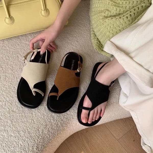 Sandals Suede Clip Toe Buckle Strap T-Strap Side Air Women's 2026 Summer Elegant Party Runway Shoes Sexy