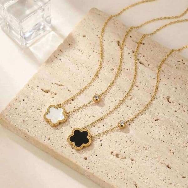 Double Sided Zirconia Necklace, Lucky Charms Flower Shell Pendant, Rustproof Stainless Steel Dainty Jewelry for Women 26L0518