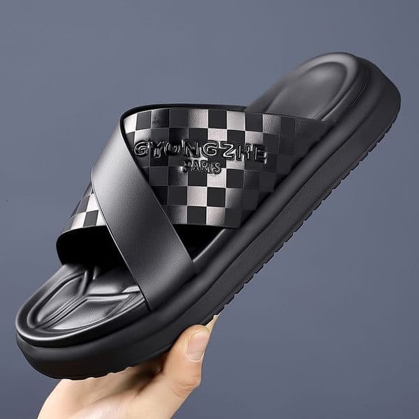 Mens Fashion Cross Strap Slides Classic Checkerboard Pattern Soft Padded Insole For Daily Commute And Casual Outings