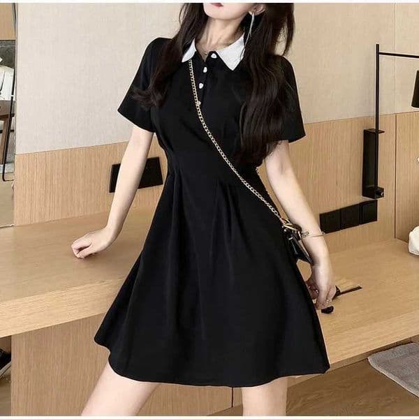 Womens Contrast Collar Dress Summer Short SLeeve Button Front A Line Casual Mini Dress C260518