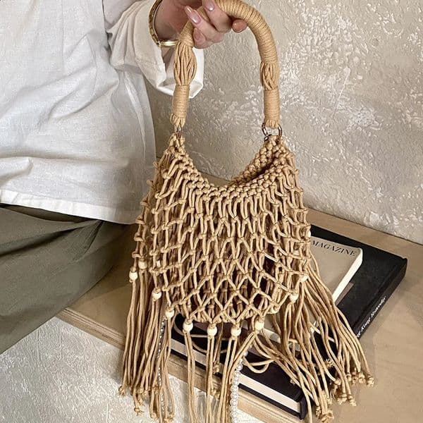 Retro Woven Bucket Bag Bohemian Style Tassel Crossbody Bag Beaded n Women Niche Pearl Chain Shoulder Bag Beach Vacation Bag 260518