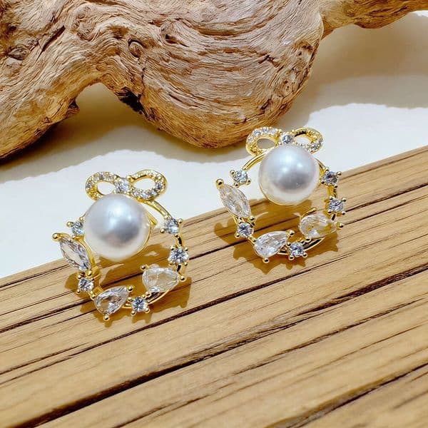 Cross-border bestseller versatile commuter style zircon-studded faux pearl earrings, fashionable, cute, sweet, delicate bow earrings bd5
