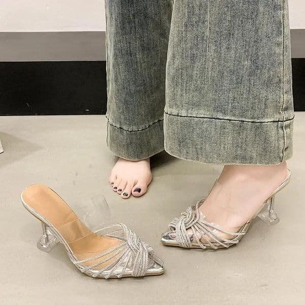 Slippers Fashion Pointed Toe Transparent High Heels Women's Summer Baotou Shallow Rhinestone Stiletto Heel Sandals