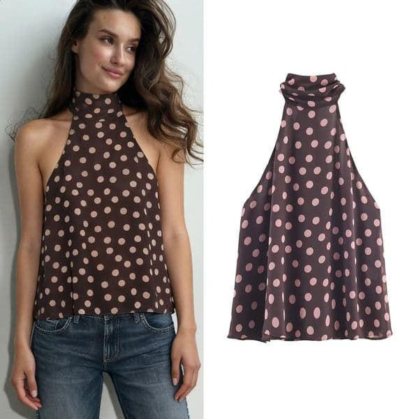 Womens Summer Polka Dot Hanging Neck High Neck Top With Lace Up Lady Sleeveless Backless Sexy High Street Vest Top 260518