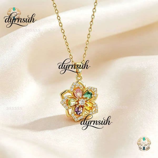 Cross border colorful flower with rotatable flowers offering a light luxury and high end feel zircon pendant necklace jewellery