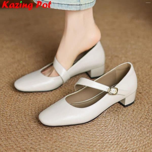 Dress Shoes Krazing Pot Genuine Leather Round Toe Med Heels Shallow Summer Mary Janes Office Lady Casual Elegant Dating Brand Women Pumps