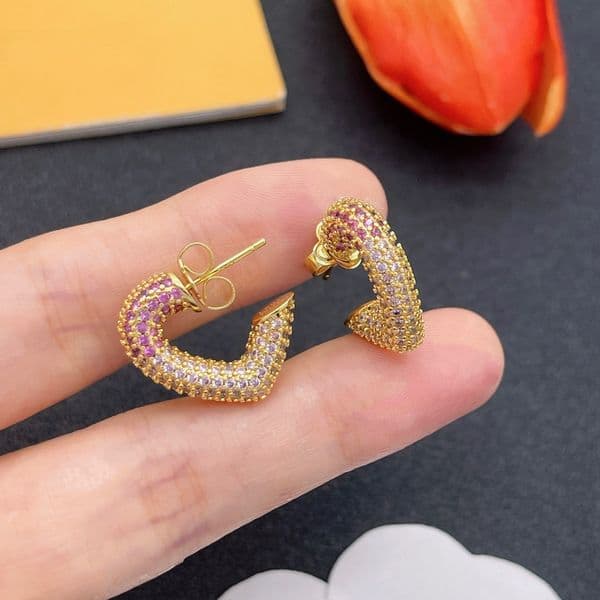 Luxury Designer Letters Stud Earrings Gold Plated Heart Women Crystal Rhinestone Earring Wedding Party Jewerlry