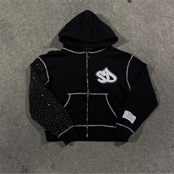 American Fashion Embroidery Personality Flash Diamond Oversize Zipper Hoodie Men Y2K Harajuku Gothic Casual Joker Sweatshirt 260518