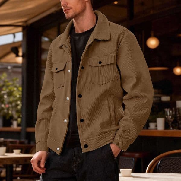 Corduroy single-breasted trendy turn-down collar long-sleeve shirt with pockets men, sports casual jacket for men