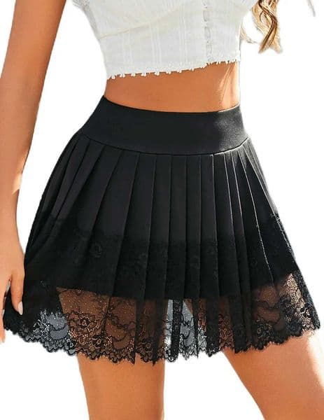 Womens High Waist Pleated Mini Skirt with Lace Trim - A-Line Layered Ruffle Skirt for Party Streetwear Casual Wear L260518