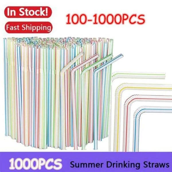 100-1000PC Fluorescent Plastic Bendable Drinking Disposable Straws Wedding Decor Kitchen Beverage Party Supplies ddmynov