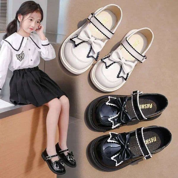 Girls Princess Leather Spring Autumn Black Children's Flats Fashion Sweet Kids Bowknot Mary Jane Shoes Glossy Thick Bottom 26W0518