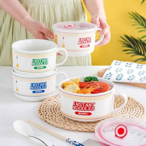 Japanese Ceramic Noodle Bowl with Lid and Handle Large Capacity Cute Design for Instant Noodles Soup Rice Home Dorm Z260518