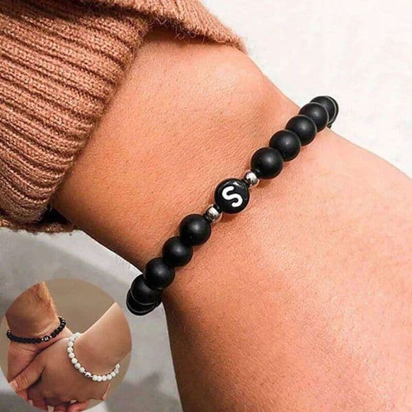 Initial Men and Woman Black Onyx 6mm Beads Bracelet with Letter Relationship Jewelry for Couples Alphabet bracelet