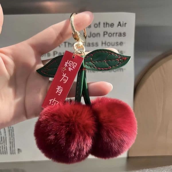 Cute Soft Fluffy Red Rabbit Fur Ball Pompom Leaf Keychain Cherry Key Chain Bag Key Car KeyChains Dec Pendant Gift L2605186HDJ