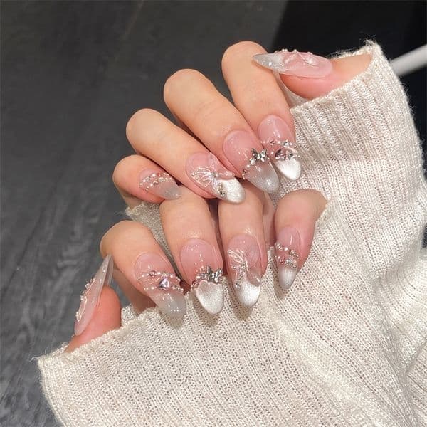 10Pcs Reuse Finished Fake Nail Tips with Butterfly Deisgn Pink Cats Eye French Handmade Press on False Nails Wearable Art w260416
