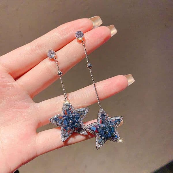 Light Luxury Exquisite Super Shiny Rhinestone Crystal Asymmetric Pentagram Tassel Earrings Ear Jewelry