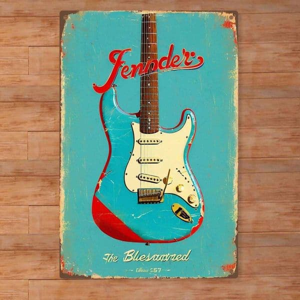 Guitar Metal Wall Art - Retro Poster with "Fender" & "The Bluesastred" Design, Durable Iron Indoor/Outdoor Home Decor for Music 26Y0518