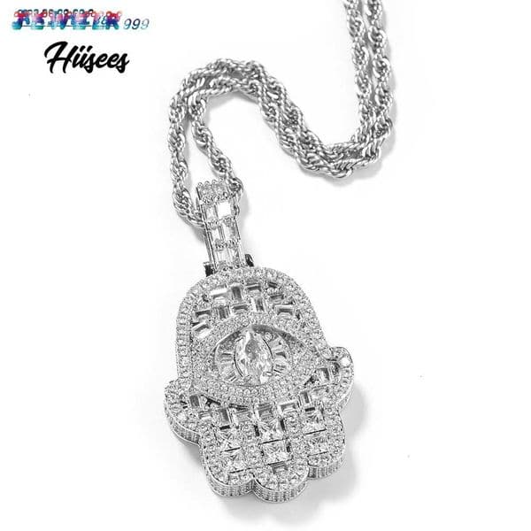 Lucky Hip Hop Iced Out Gold Plated Hamsa Hand Pendant Custom Fashion Jewelry Pendants Charms Fatima Hand Necklace