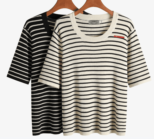 New women shirt casual girls T-shirt designer clothes women jacquard collar color blocked short sleeved knitted sweater top