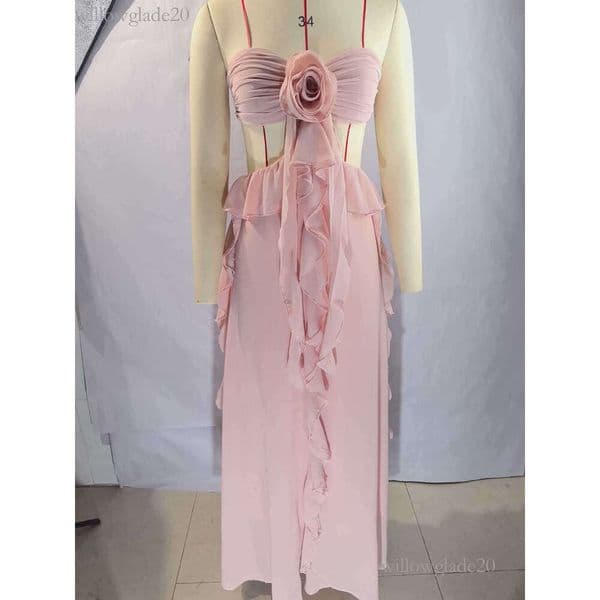 In-stock European and American cross-border bestseller: backless sheer chiffon lace-up ruffle women's sexy strapless ruffle long dress 6e6