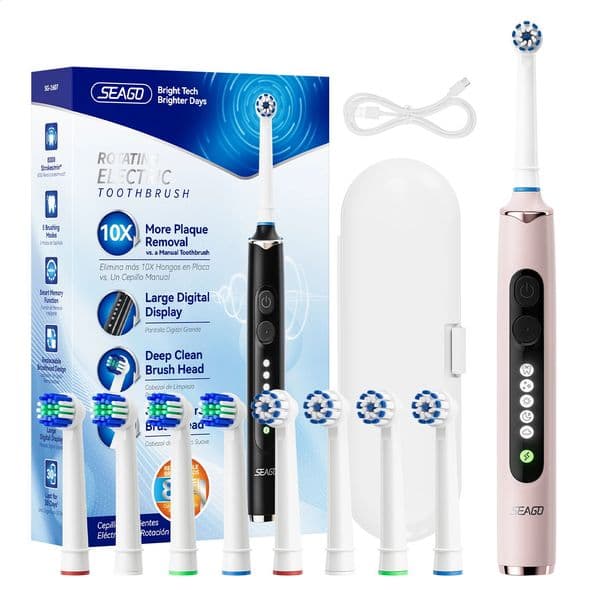 Seago Rotating Electric Toothbrush for Adults with 8 Toothbrush Heads and Travel Box Smart Display 5 Modes Waterproof SG-2607 260518