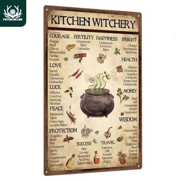 Putuo 1pc Vintage Metal Tin Sign, Kitchen Witchery, Wall Art Decor for Party, Halloween Gift 26Y0518