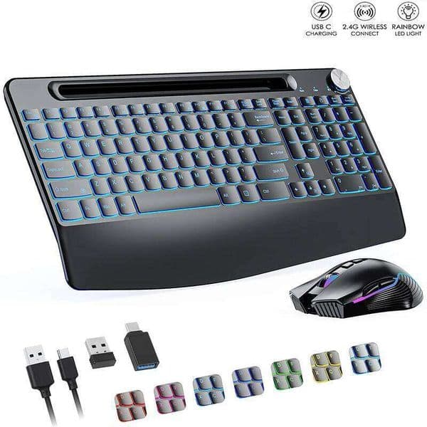 Ergonomic 2.4G Wireless Rechargeable Keyboard Set for Laptop With Color Backlit Phone Holder Wrist Rest and Jiggler Mouse 26Y0518