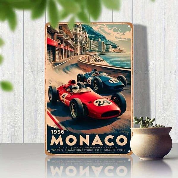 Vintage 1956 Monaco Race Car Metal Tin Sign - Retro Wall Art, High-Quality Iron Craftsmanship, Pre-Drilled Holes for Easy Mounti 26Y0518