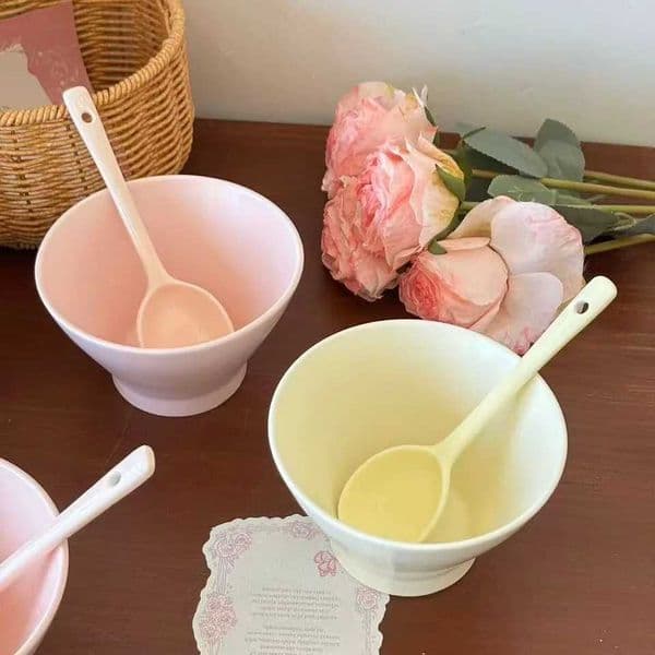 1 Set Ceramic Solid Color Hat Bowl with Spoon Multipurpose Tableware for Hot Pot Picnic Camping Dishwasher Microwave Oven Safe Z260518