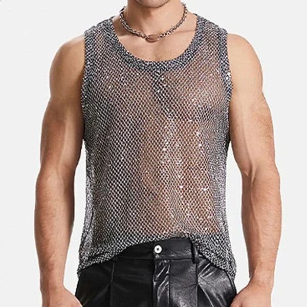 Nightclub Sexy Mens Tank Tops Mesh Sequin Glitter Hollow Out Transparent Vest Men Summer Fashionable Sleeveless Mesh Camisoles 260519
