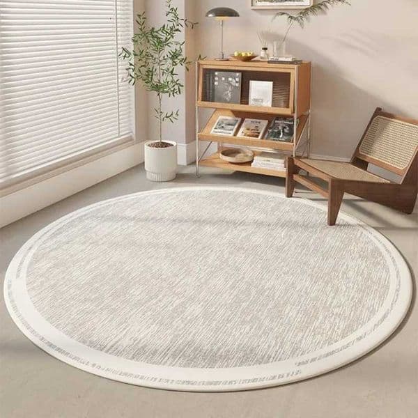 Minimalist Round Rug Light Gray Beige Textured Carpet with White Border for Nordic Home Decor GiftJ260519