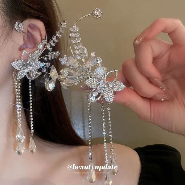 Zircon Flower Crystal Tassel Stud Ear Hanging One Earring Fashion Bridal Ear Bone Cuff Earrings Wholesale 260516