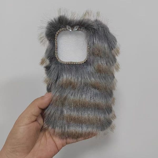 Tiger Stripe Fluffy Phone Case, Faux Fur Rhinestone Shockproof Cover for iPhone 11-17 Pro Max