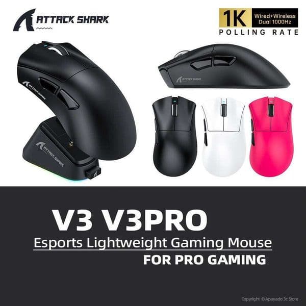 Attack Shark V3 V3PRO Esports Mouse Wireless 1K Hz PAW3311 400IPS 40G 25000DPI,65g Right-Hand Ergonomic OMRON 100M Switches W260519