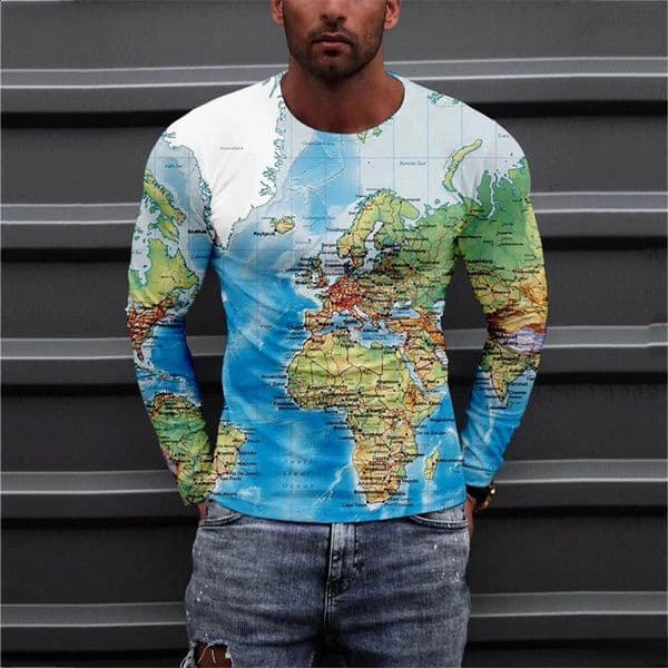 Funny Map Pattern T-Shirt For Men Colorful Butterfly 3D Printed T Shirts Autumn Casual Loose Round Neck Tops Tees Long Sleeves 260518