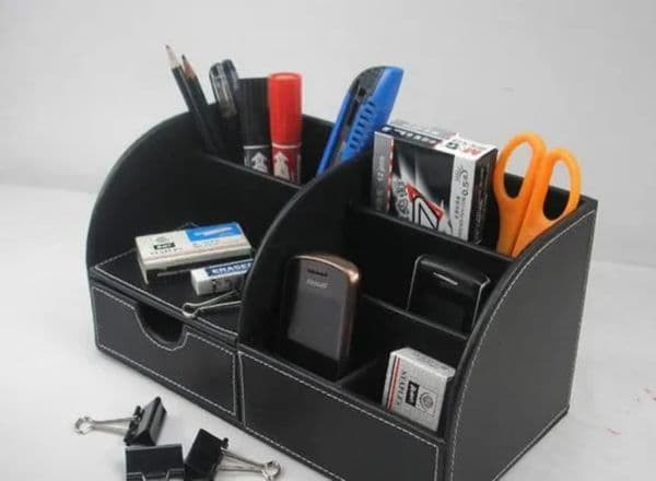 Bulk Office Supplies Wholesale 5-Slot Wood Leather Multi-Function Desk Stationery school Organizer Pen Pencil Holder Storage Box Case Container Black Free Del 10