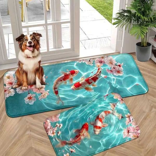 3D Koi Cherry Blossom Non-Slip Doormat Machine Washable Floor Mat Polyester Material Perfect for Home Decor Functional Use L260519